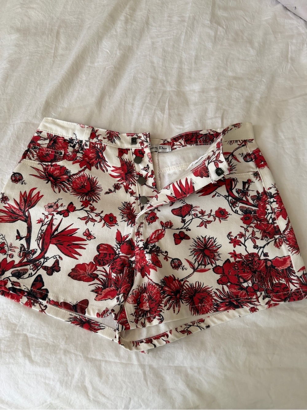Dior Red Floral Print Jean Shorts on White S